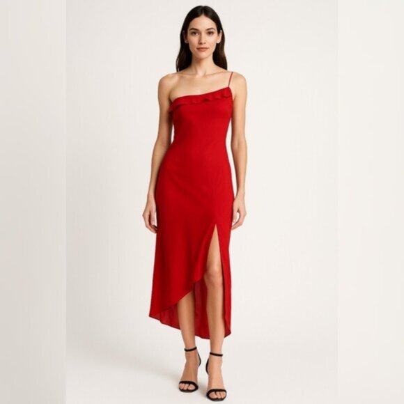 Express Red Silk One Shoulder Asymmetrical Cocktail Midi Dress - Picture 12 of 12